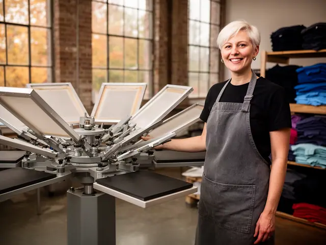 Smiling print-shop owner in an apron standing beside her new six-arm screen-printing press