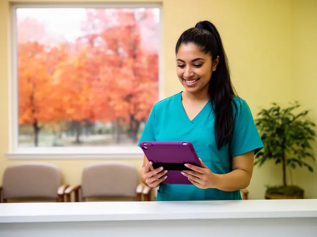Office manager in teal scrubs smiling at a tablet behind the reception counter of a small practice