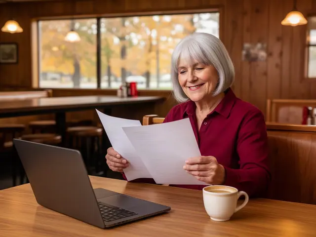 Smiling silver-haired restaurant owner reading two printed pages at a table with a laptop and coffee