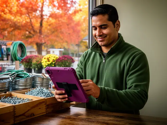 Hardware store owner in a green fleece smiling at a tablet beside wooden bins of nails and galvanized buckets