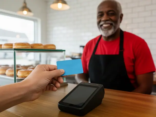 Customer holding a plain blue card near a countertop card terminal at a donut shop counter