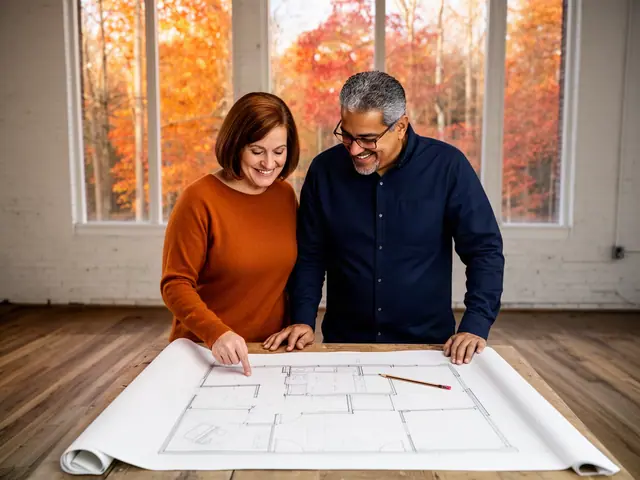 Two business partners smiling over a hand-drawn floor plan on a table in an empty loft space