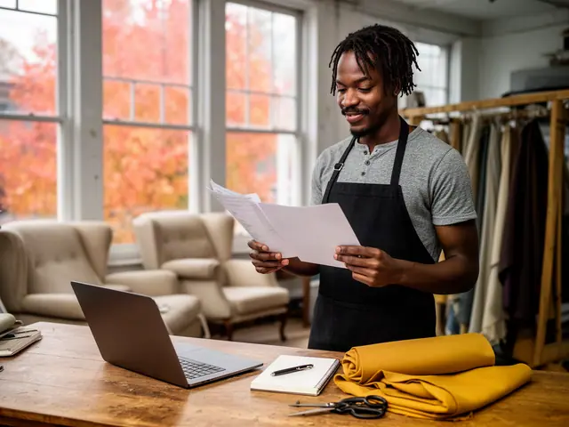 Upholsterer in a black apron reviewing printed sheets beside a laptop at his workshop table